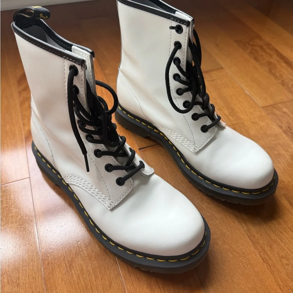 Dr. Martens White Leather Platform Combat Boots with Black Laces